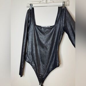 T367- Metallic Black Long Sleeve Bodysuit